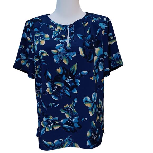 VINTAGE Norton McNaughton Beautiful Satin Blouse Top Shirt LG Bright Blue Floral - Picture 2 of 9